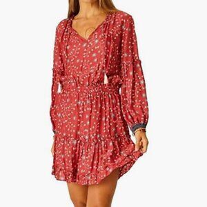 Natalie Martin Maggie Dress, Long Sleeve, Barn Red / Blue Print, NWT!